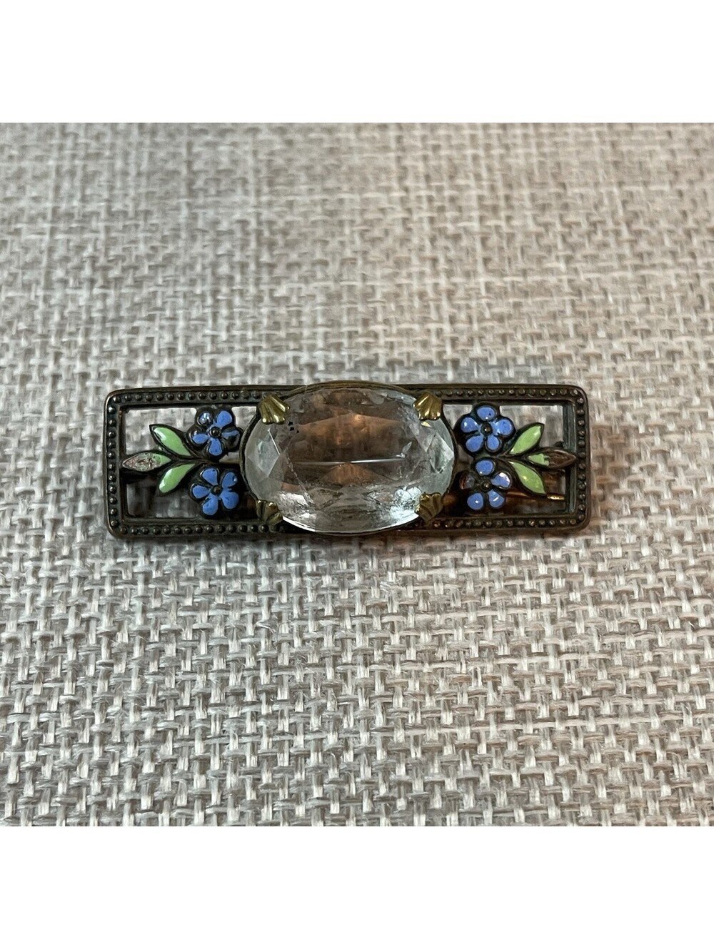 Art Deco Faceted Clear Czech Art Glass & Enamel Forget-Me-Not Bar Brooch -